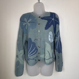 Vintage Robert Scott Seaside Cardigan Size S Linen Knit Beach Blue Seashells